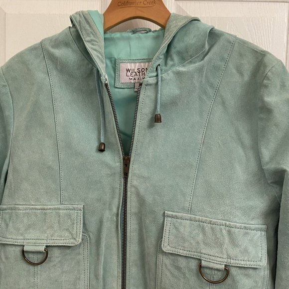 Wilsons Leather Maxima Green Leather Suede Hooded Jacket size L - Picture 4 of 6